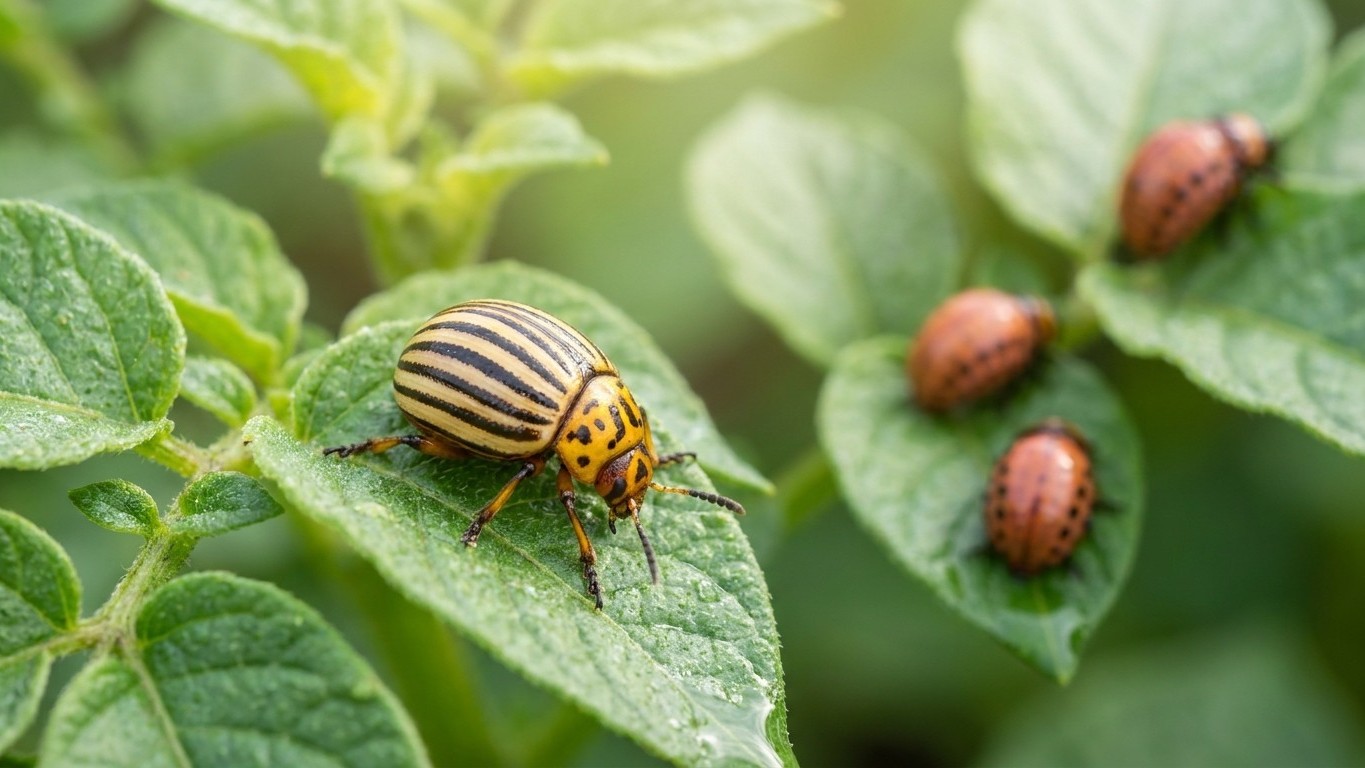 Close-up photograph of a Minnesota potato beetle with distinctive yellow and black striped shell on a green plant leaf, with additional beetles visible in the background.