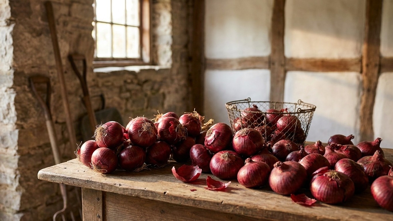 Freshly harvested red apples displayed on a wooden table in a rustic barn with stone walls and natural light from a window.