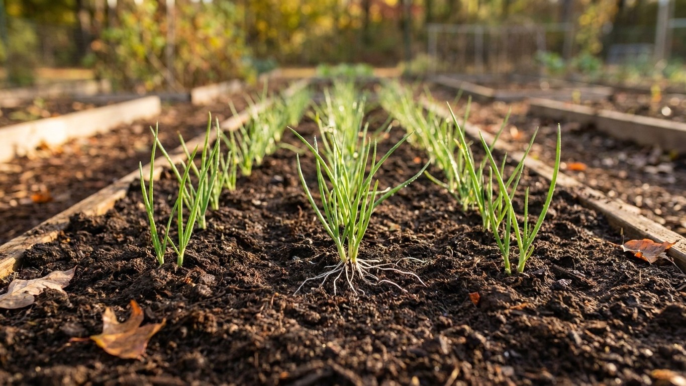 Young onion seedlings with visible root systems growing in dark, nutrient-rich soil within a raised garden bed during spring.