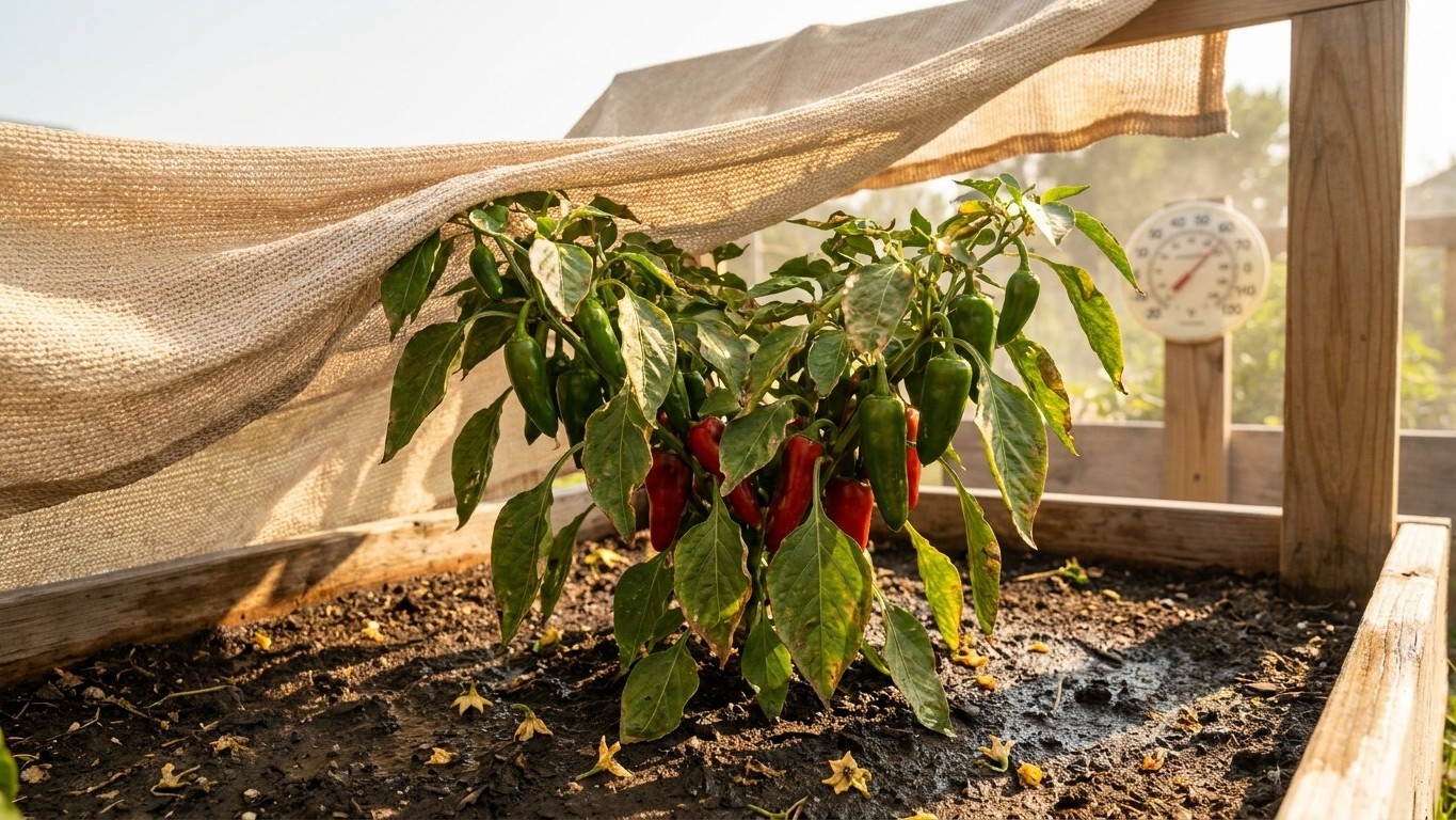 A pepper plant with red fruit grows in a wooden raised bed under shade cloth protection in bright sunlight.
