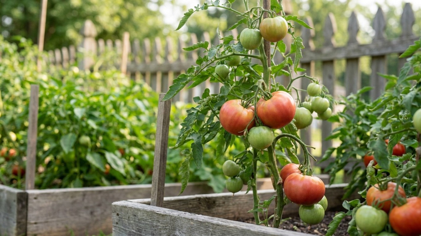 Tomato vines laden with ripe red and developing green fruits growing in a wooden raised garden bed with a picket fence in the background.