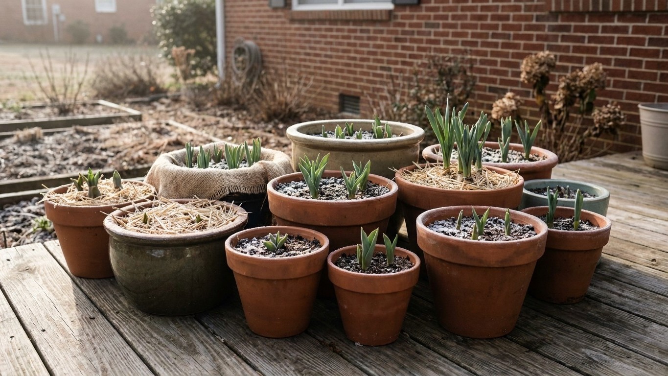Collection of terracotta and stone potted spring bulbs with emerging green shoots arranged on a wooden deck beside a brick house.