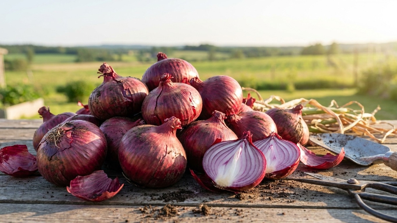 Freshly harvested red onions piled on weathered wood with a cultivated field landscape visible in the background.