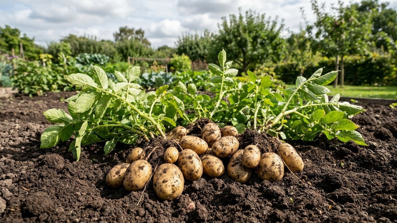 Freshly harvested potatoes with green foliage displayed in dark garden soil with additional garden beds visible in the background.