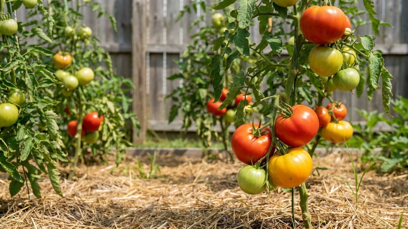 A vegetable garden with tomato plants bearing fruits at various stages of ripeness, from green to red and yellow, with a wooden fence visible in the background.