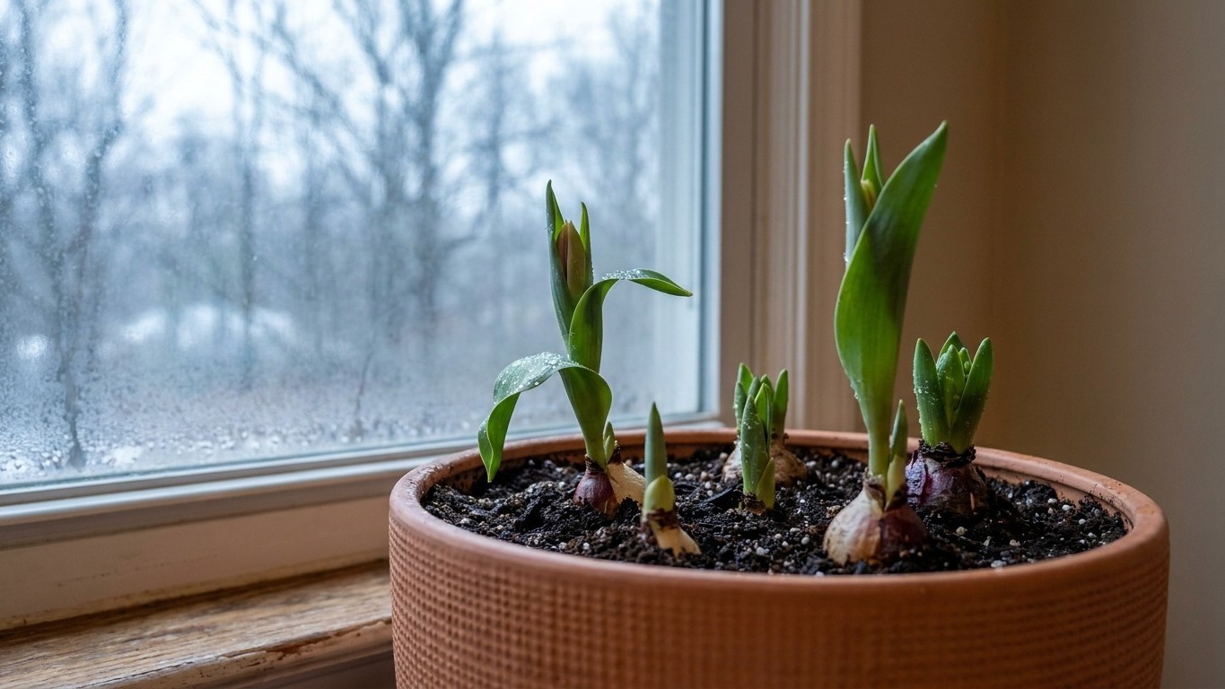 Young spring bulb shoots emerging from soil in a terracotta pot on a windowsill with bare trees visible outside.