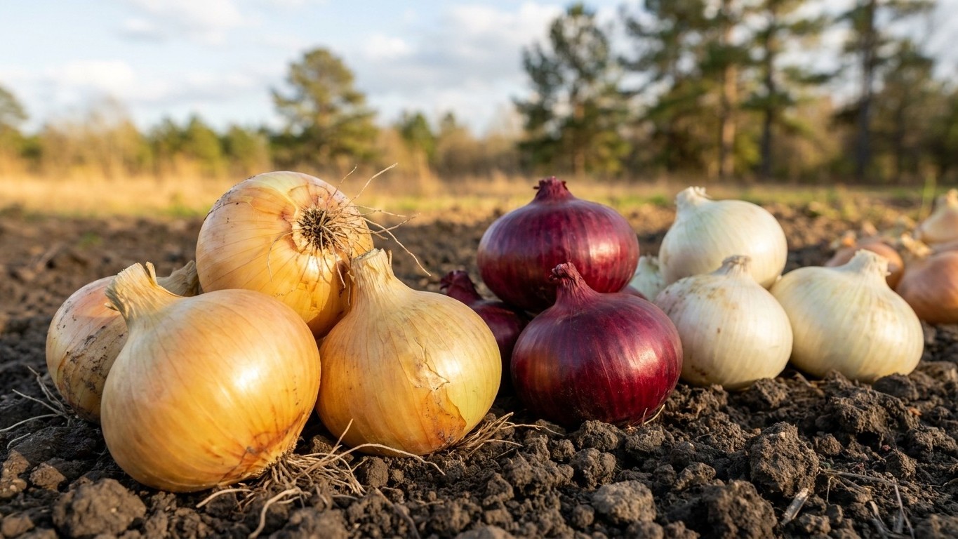 Mixed varieties of harvested onions including yellow and red types displayed on dark soil with trees visible in the background.