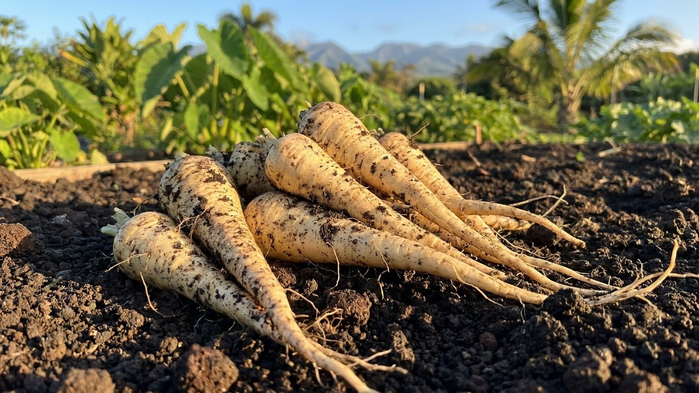 Freshly harvested parsnips displayed on soil in a productive vegetable garden with mountains visible in the background.