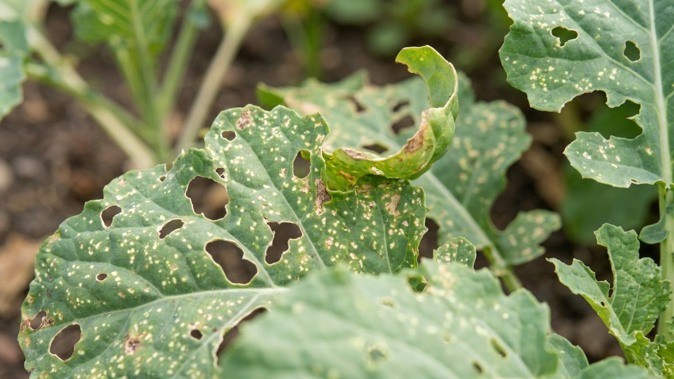 A vegetable plant leaf affected by powdery mildew fungal disease and insect damage with visible holes and white coating.