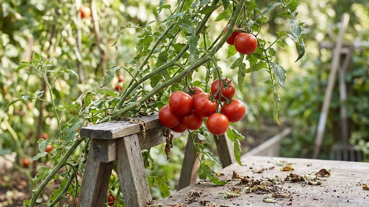 Cluster of ripe red tomatoes hanging from green vines attached to a wooden garden stake in a vegetable garden.