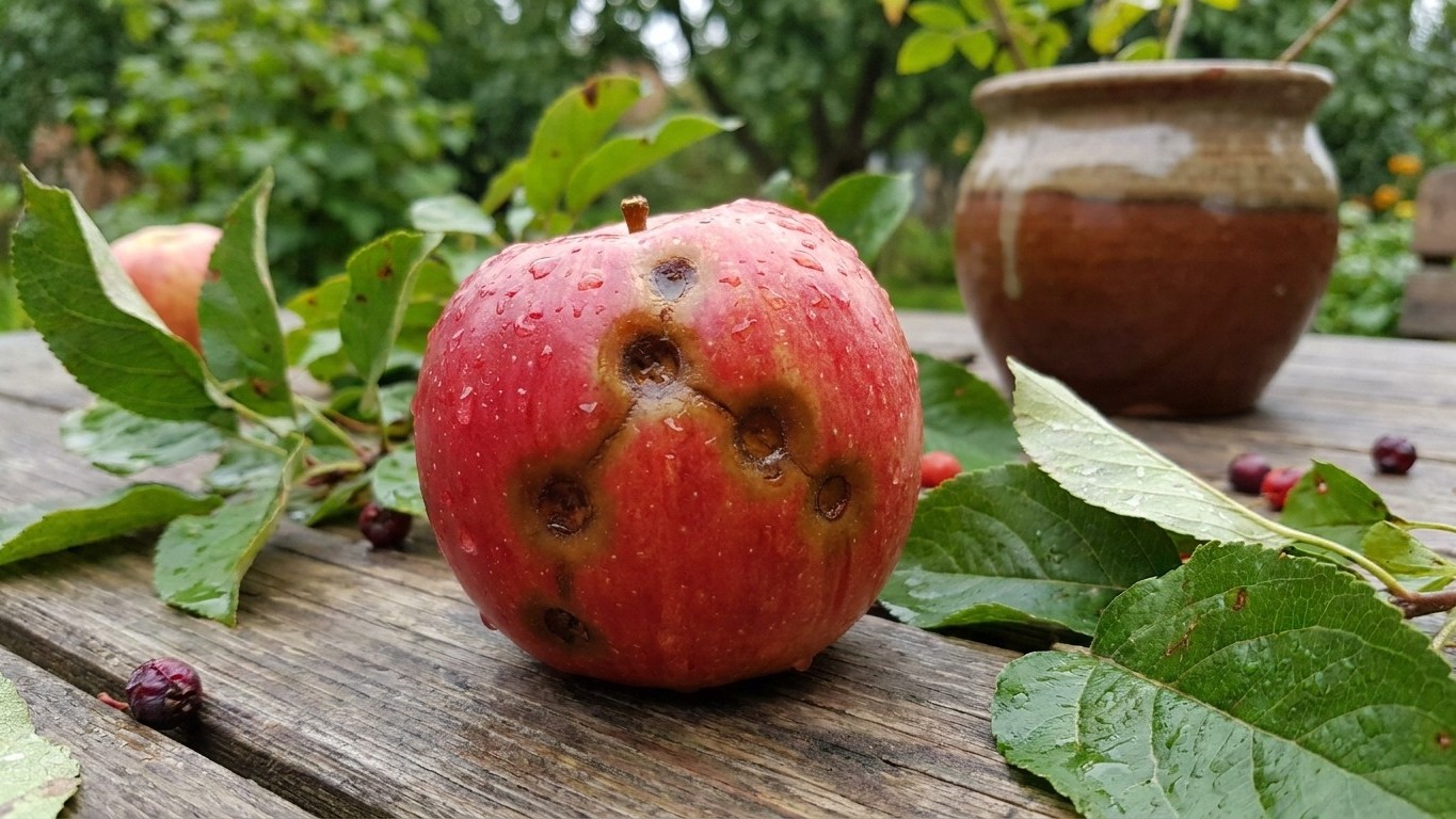 A fresh red apple with visible lenticels displayed on weathered wood with apple leaves and a ceramic pot in the background.
