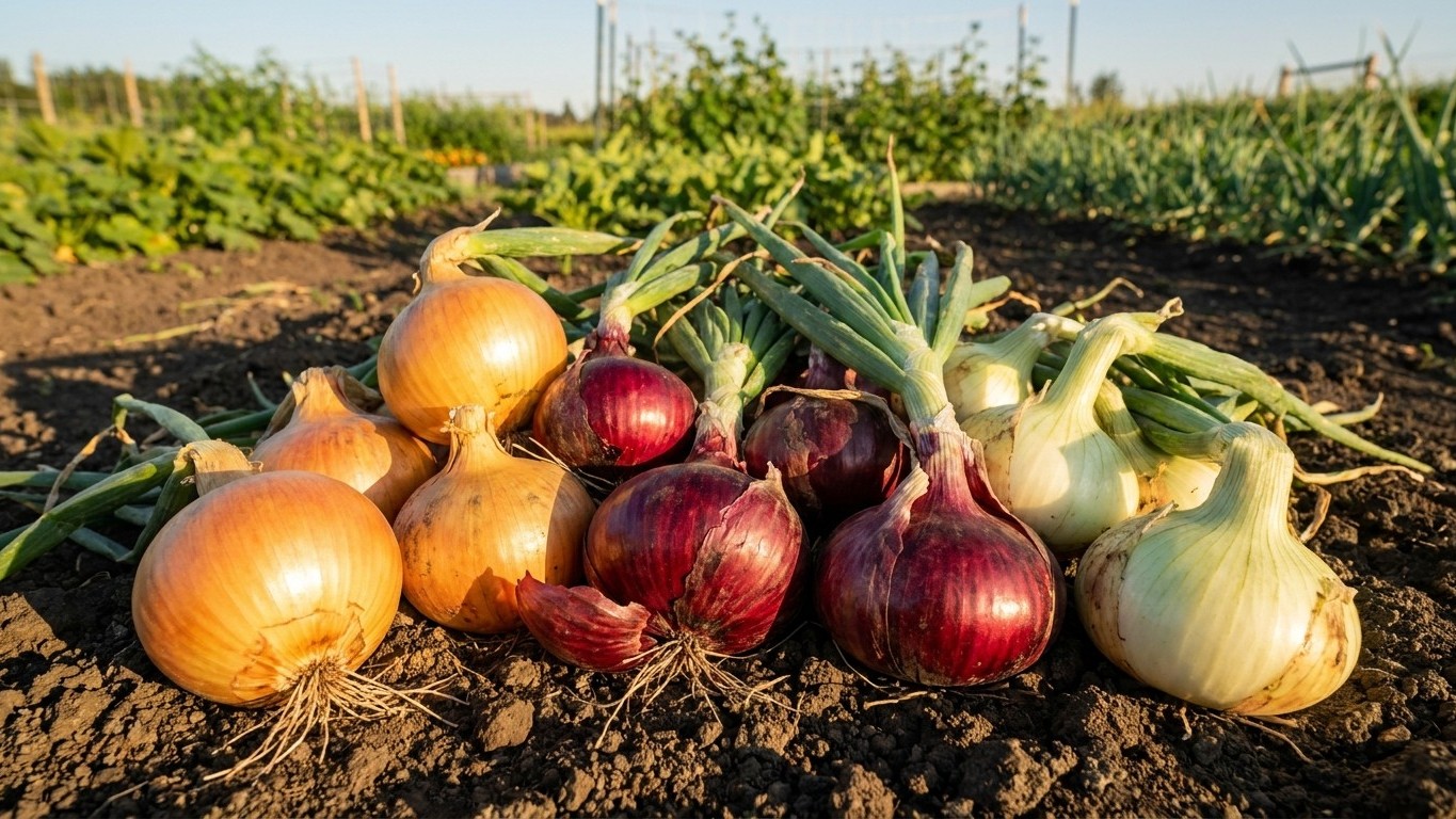 Golden and red onions freshly harvested and arranged on soil in a productive vegetable garden with support stakes visible in the background.