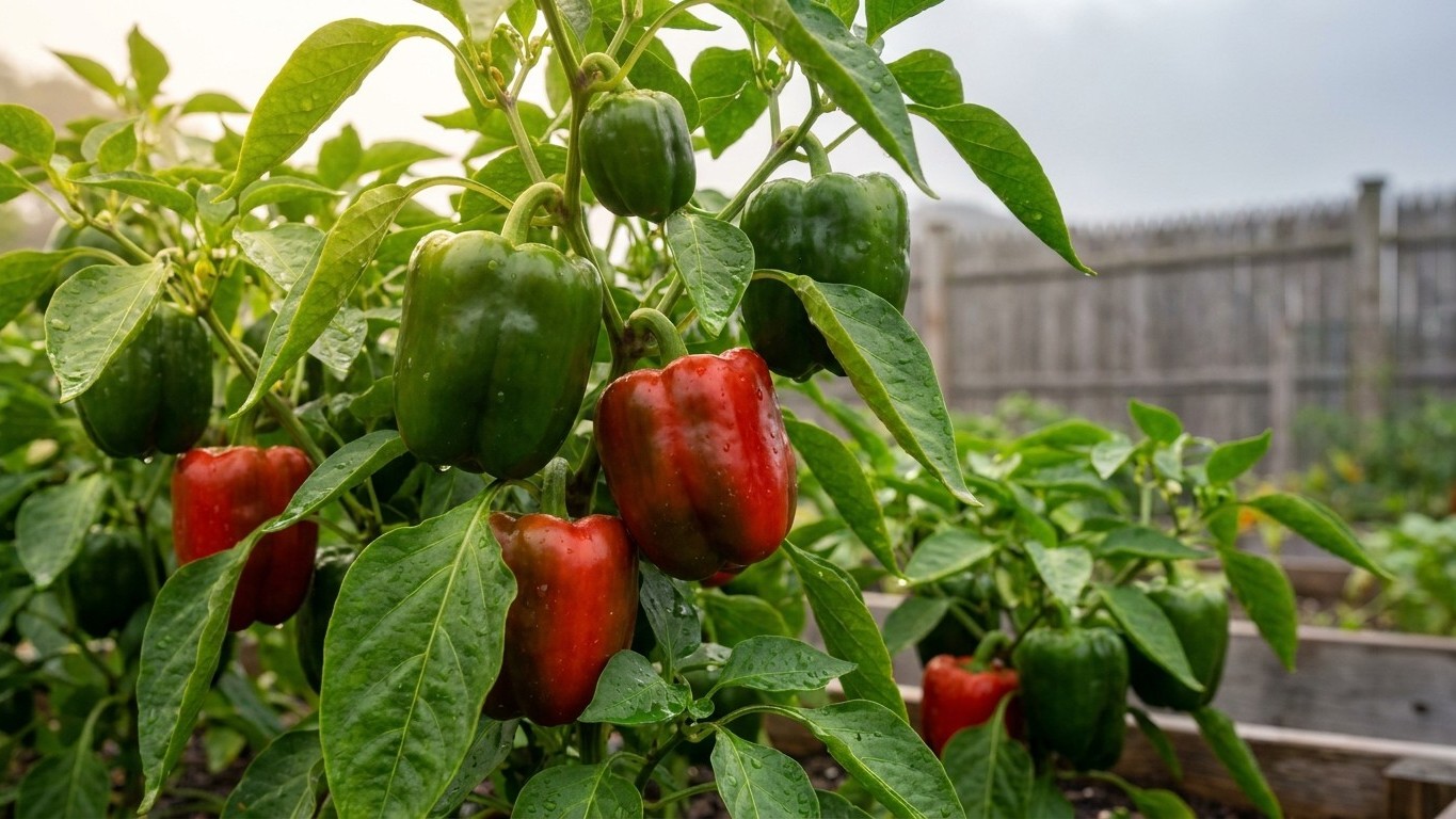 Bell pepper plants bearing both immature green and ripe red peppers in a rooftop or urban garden setting.