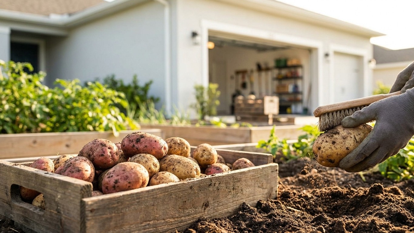A gardener holds soil near a wooden crate filled with freshly harvested red and gold potatoes in a sunny backyard vegetable garden.