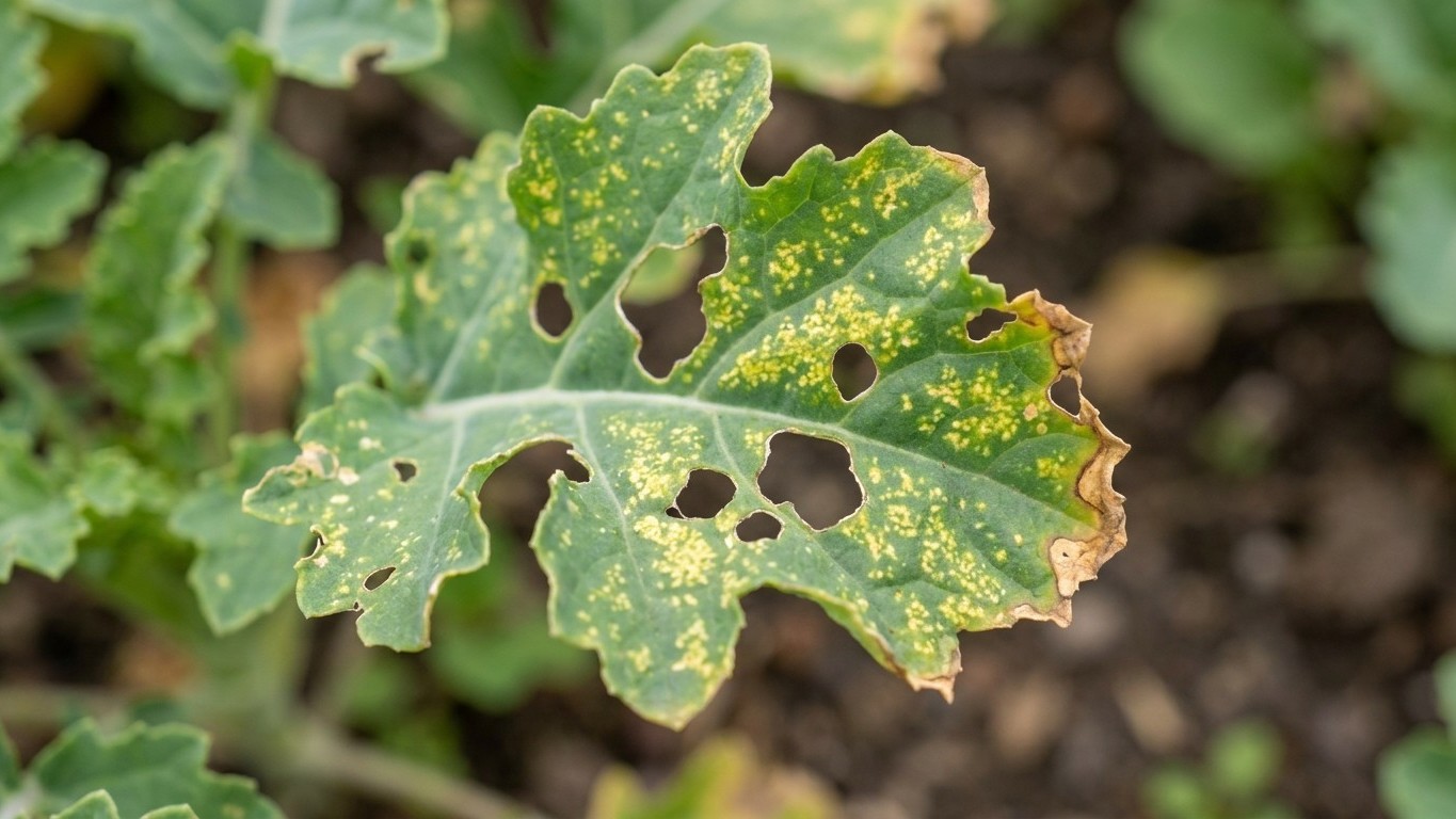 A squash leaf showing signs of disease or pest damage with yellow stippling and brown holes throughout the foliage.