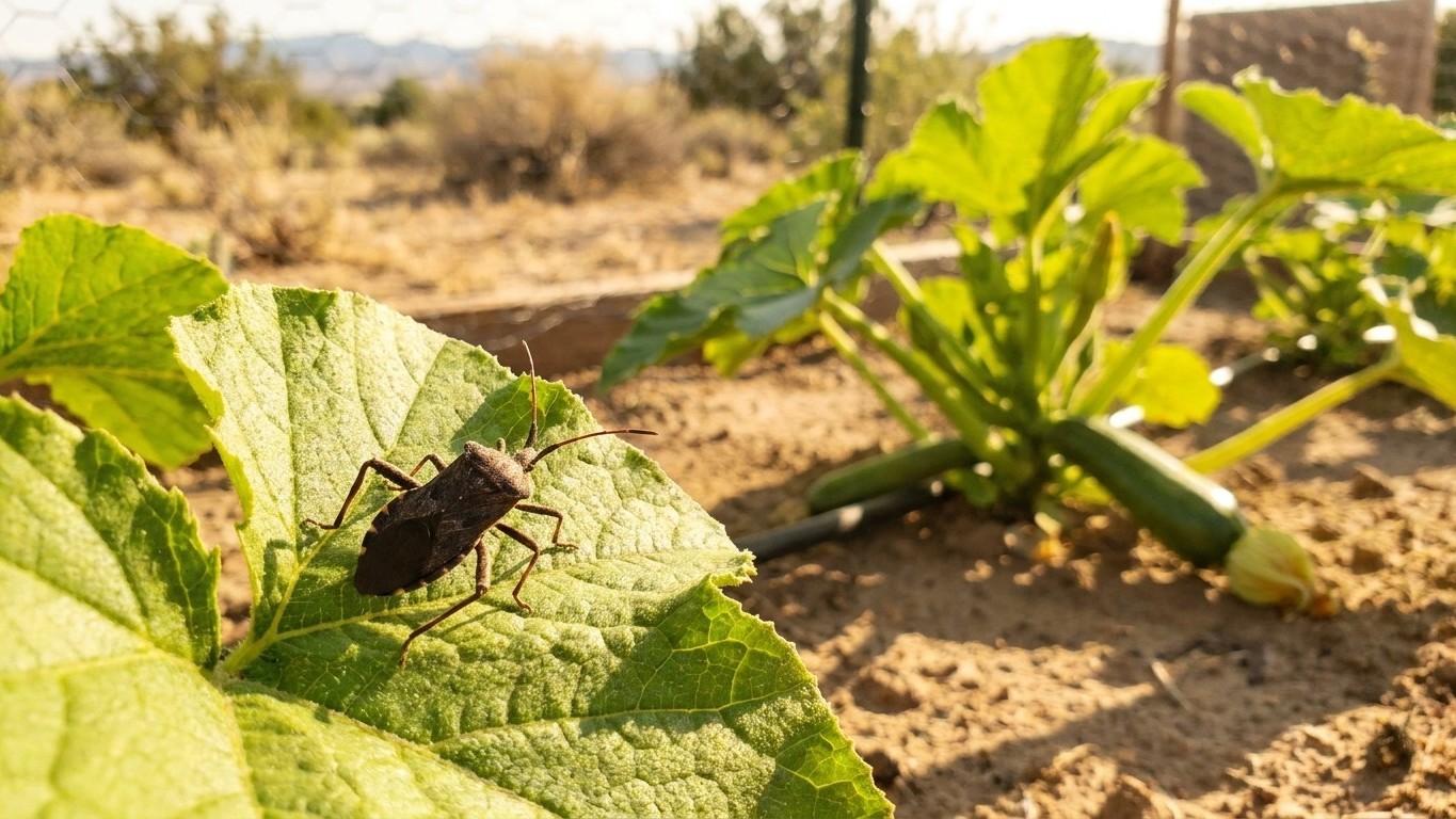 A black beetle rests on bright green squash plant leaves in a sunny vegetable garden with mountains in the background.
