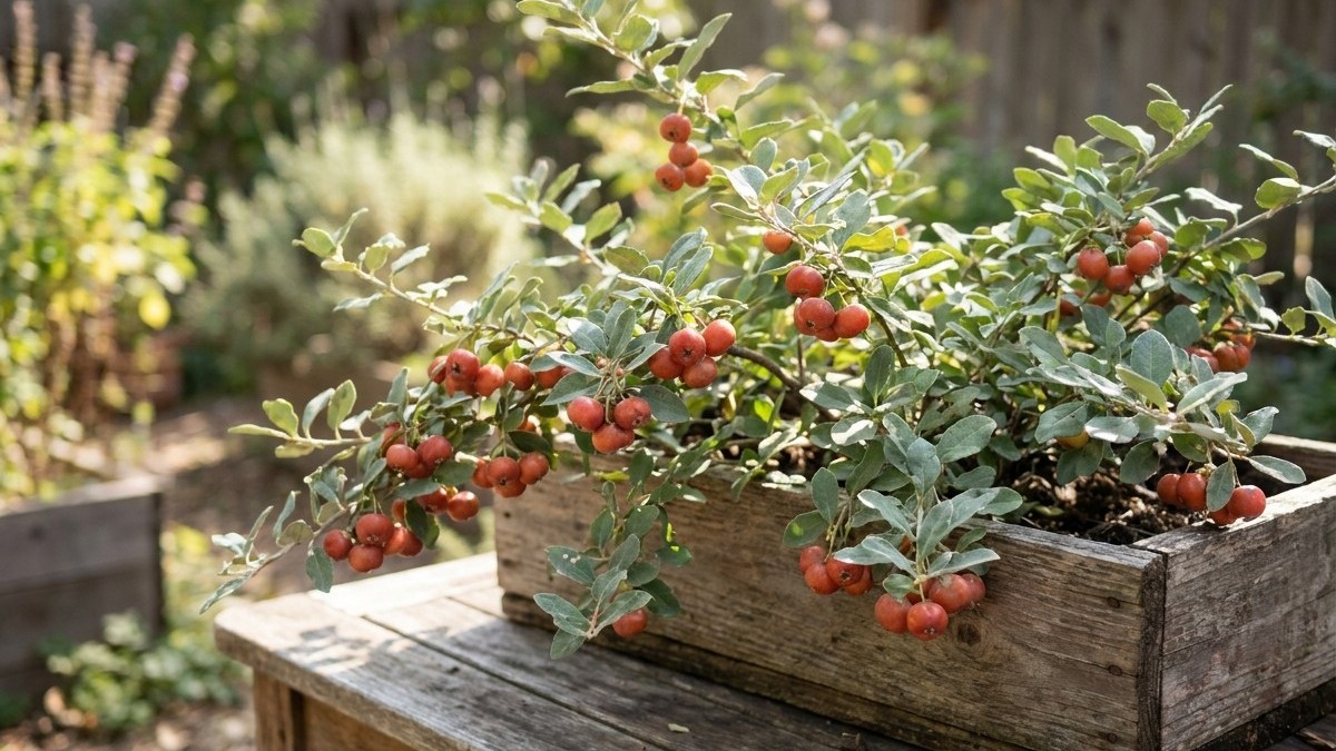 Mature tomato plants with abundant ripe red fruit growing in a weathered wooden raised garden bed.