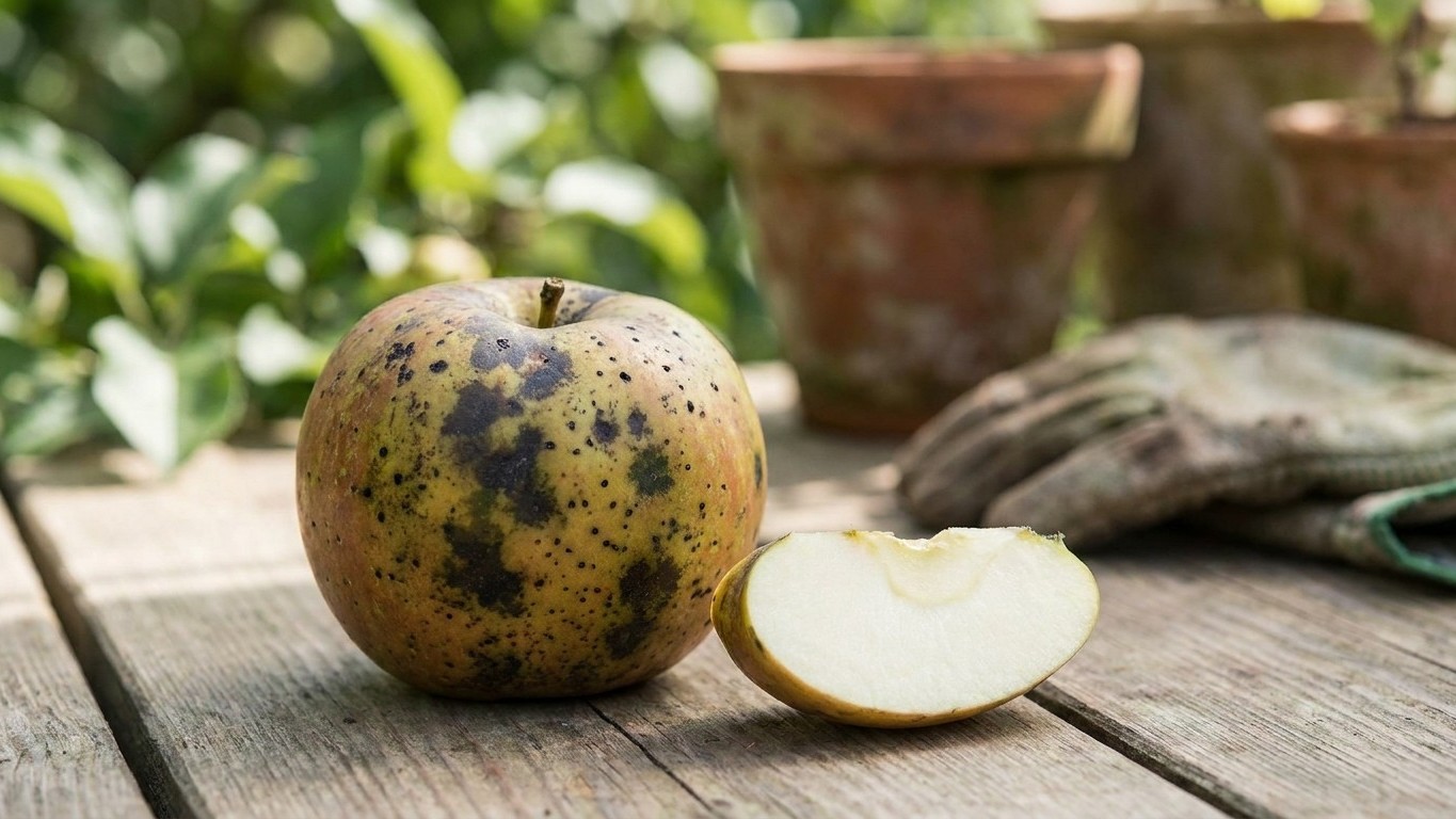 A russet apple with dark spots sits next to a cut slice on weathered wood with garden pots blurred in the background.