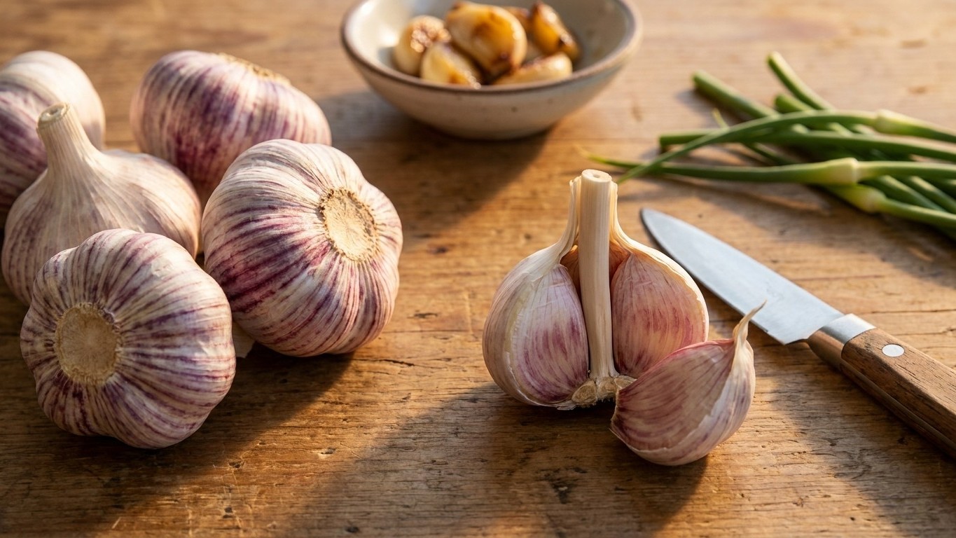 Fresh garlic bulbs and cloves arranged on a wooden cutting board with green onions and a kitchen knife.