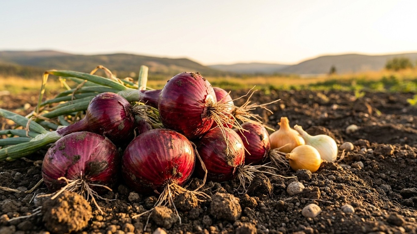 Red onions freshly harvested from dark garden soil with rolling hills visible in the background at golden hour.