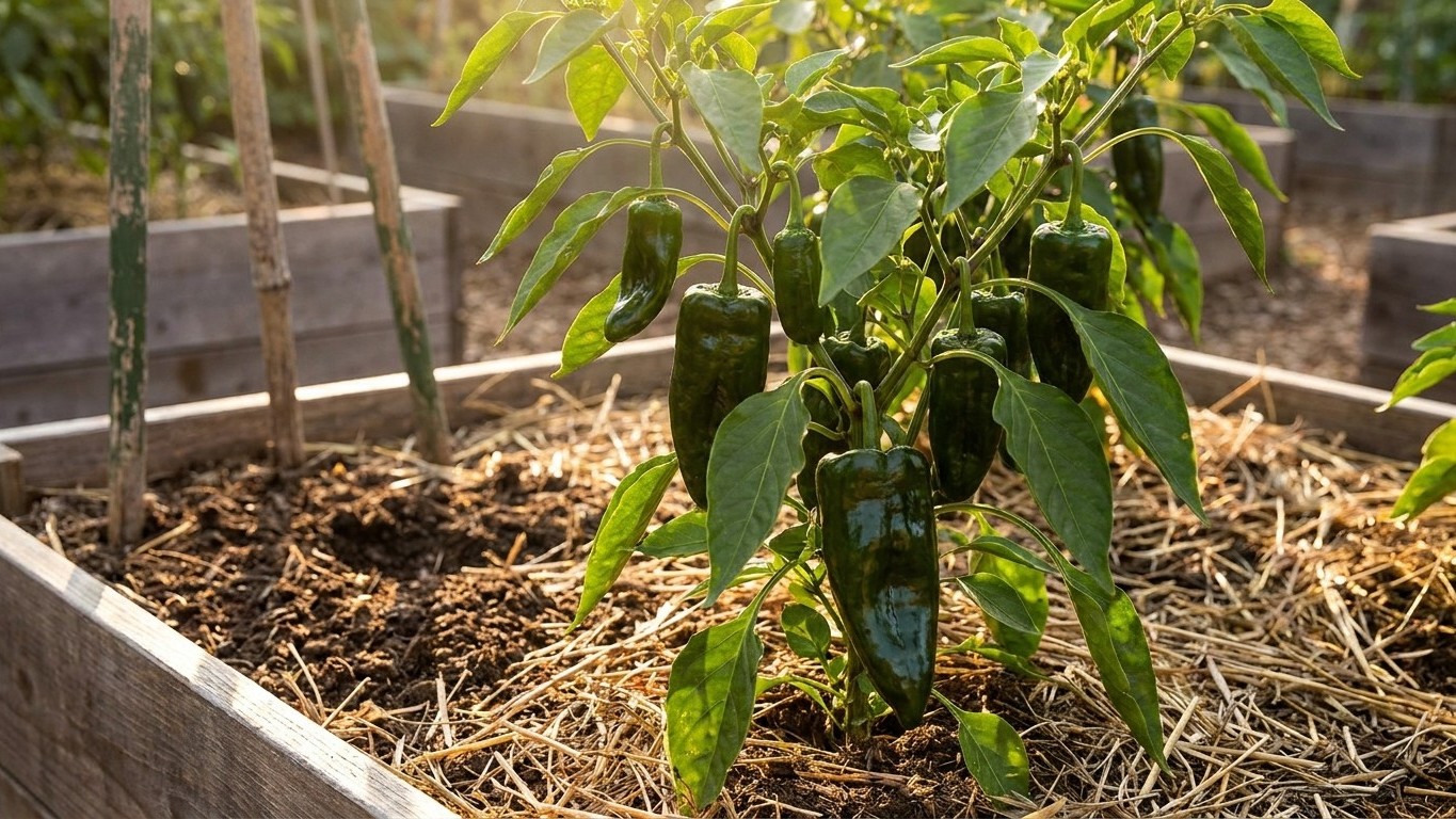 Young pepper plants with developing green peppers grow in a raised garden bed with mulch and wooden stakes for support.