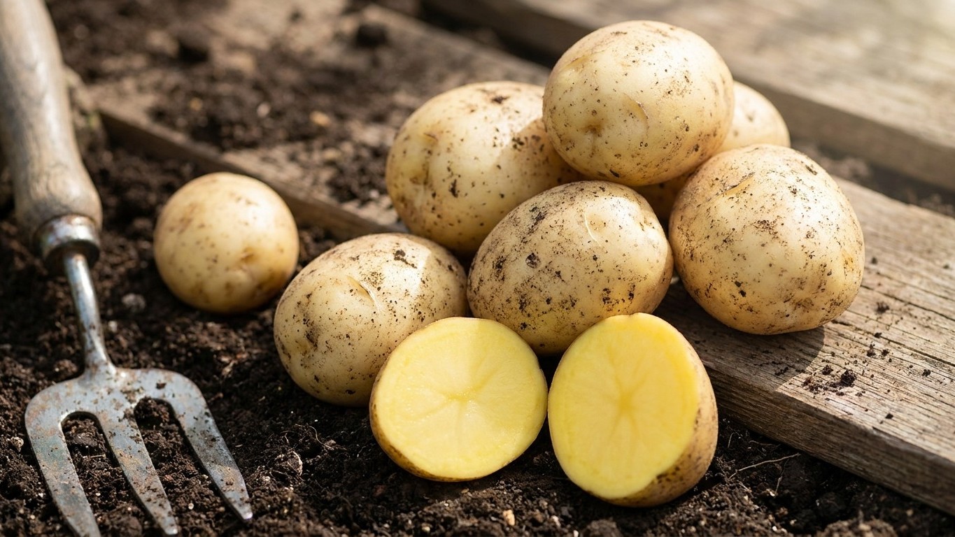 Freshly harvested potatoes displayed on soil with a garden fork, showing whole tubers and cross-sections revealing yellow flesh.