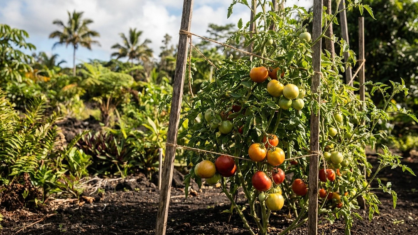 Vegetable garden with staked tomato plants bearing ripe and ripening fruit in various stages of maturity.