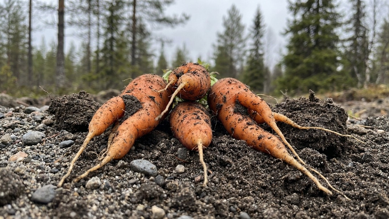 Several freshly harvested carrots with soil clinging to their roots, arranged on dark earth with coniferous trees visible in the background.