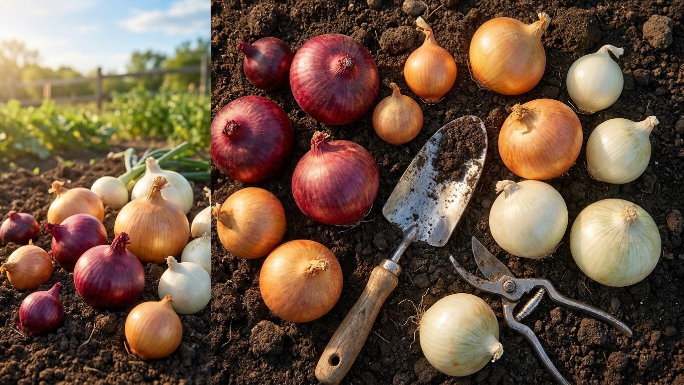 A collage showing freshly harvested onions of various colors arranged on soil with hand tools, featuring a vegetable garden field in the background.