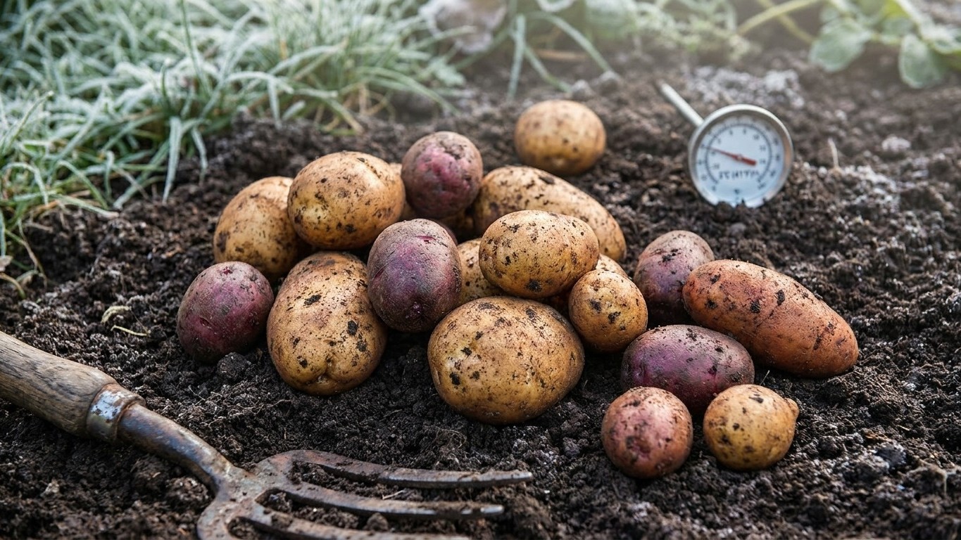 Freshly harvested potatoes of various sizes and colors displayed on dark garden soil with a measuring scale for reference.