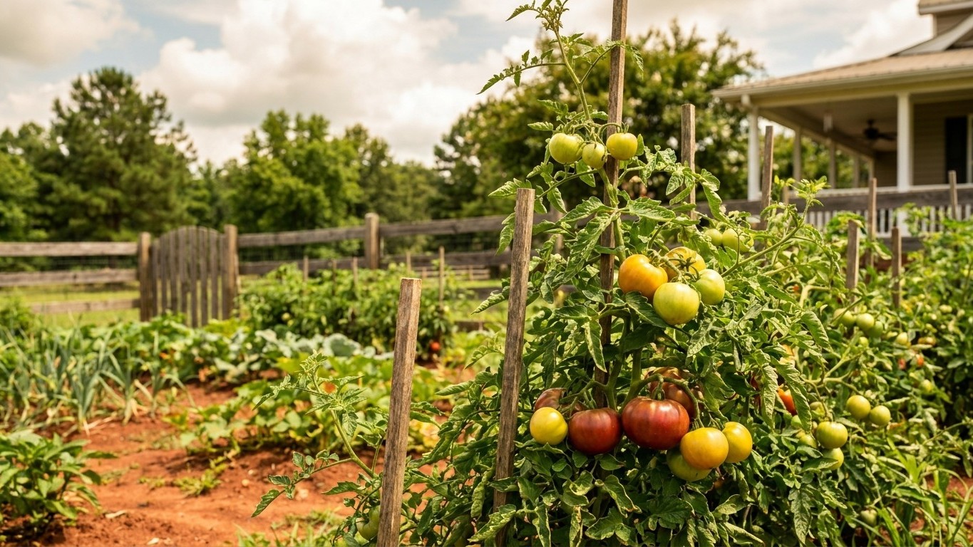 A productive vegetable garden features staked tomato plants bearing yellow, orange, and red fruits at various ripeness stages, with a farmhouse and fencing visible in the background.