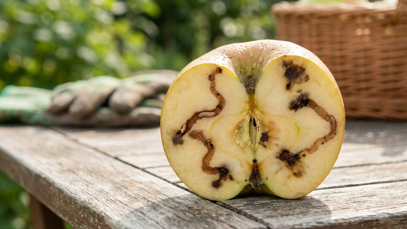 Cross-section of an apple showing internal brown rot disease damage patterns on a wooden surface with garden background.