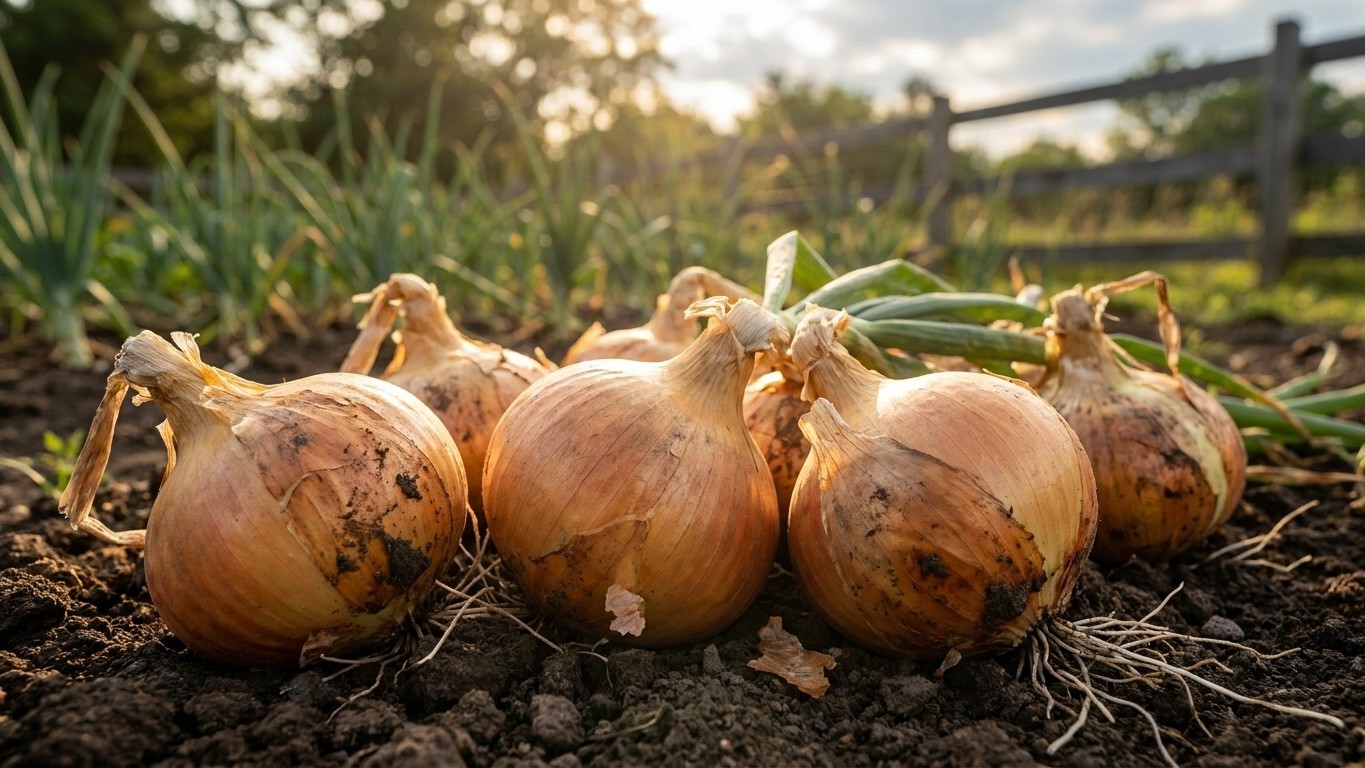 Freshly harvested onions with soil, roots, and dried green tops visible in a sunlit vegetable garden.
