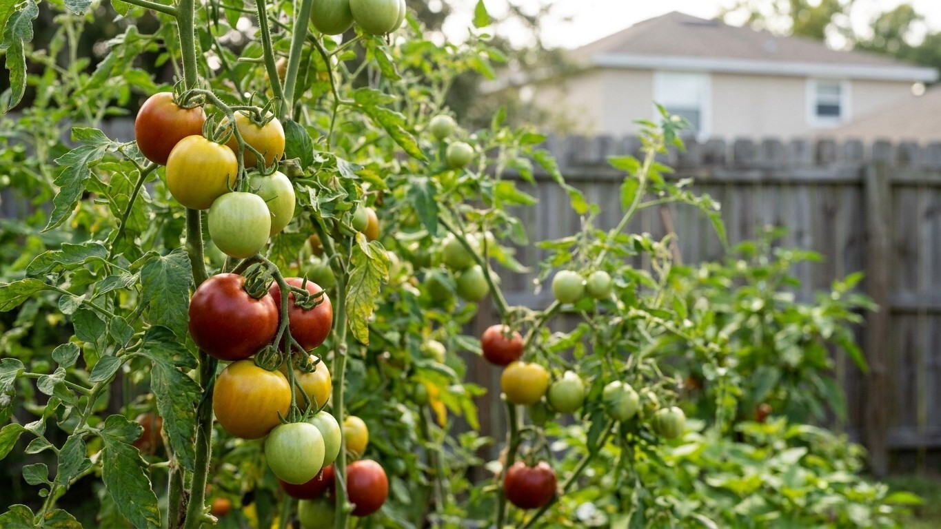 A productive backyard vegetable garden displays tomato plants with multiple fruits in various stages of ripeness, from green to yellow to red, with a residential house and fence visible in the backgro