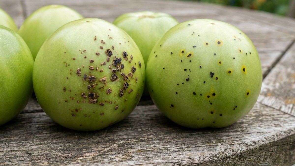 Fresh green apples displaying natural lenticels and russetting scattered across their skin, arranged on a weathered wooden surface.