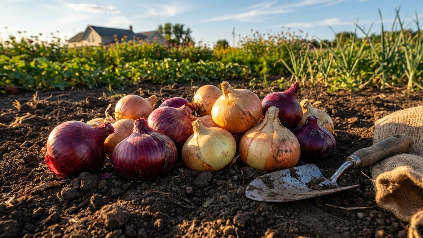 Freshly harvested red and golden onions arranged on dark soil with a shovel and active garden beds visible in the background.