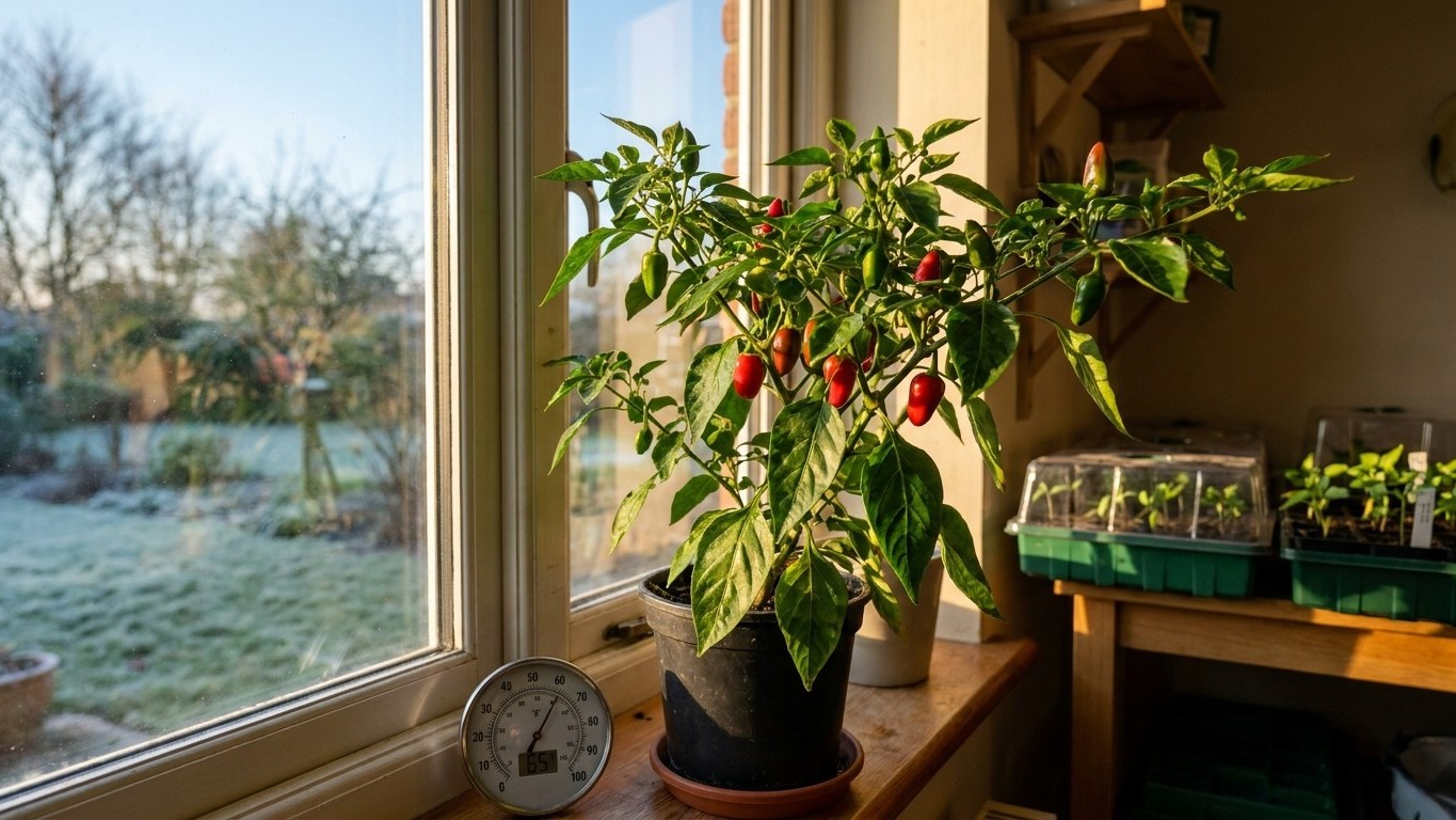 A healthy chili pepper plant with ripe red peppers grows in a black pot on a sunny windowsill, with seedling trays visible in the background and a frost-covered garden scene beyond the glass.