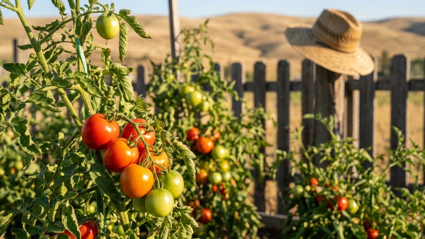Ripe and ripening tomatoes grow on vines in a sunny garden behind a wooden fence with rolling hills and a straw hat visible in the background.