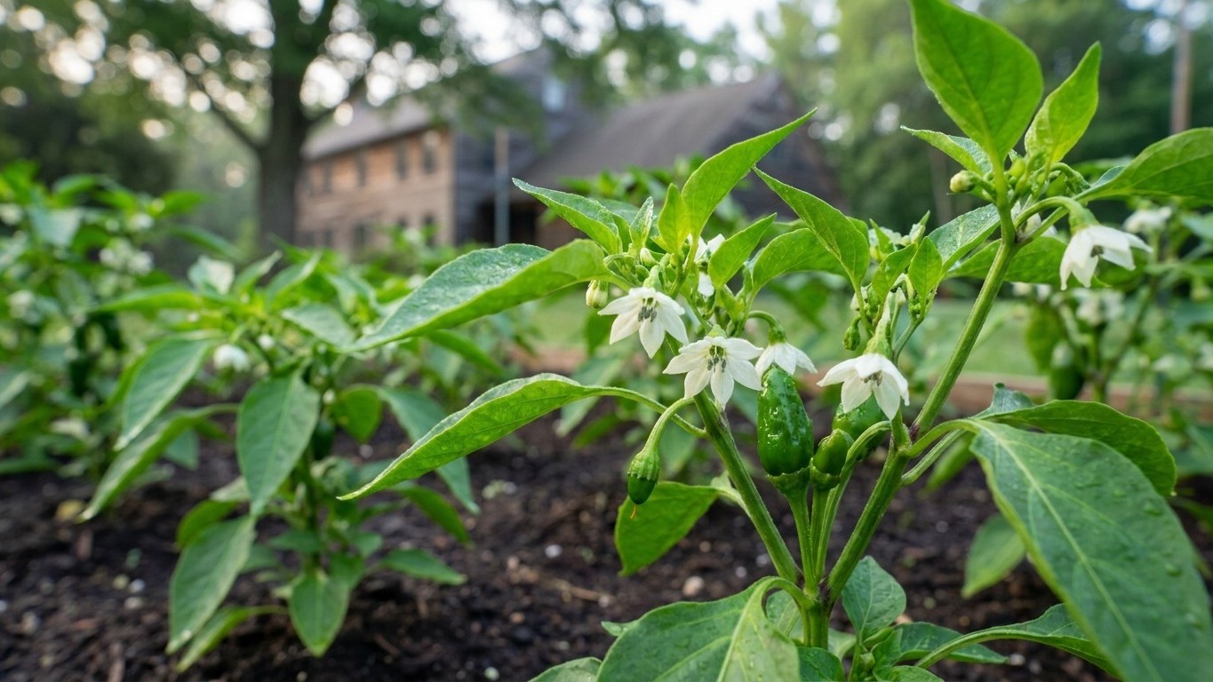 Pepper plants in bloom with small white flowers and healthy green leaves in a vegetable garden bed with a historic brick structure visible in the background.