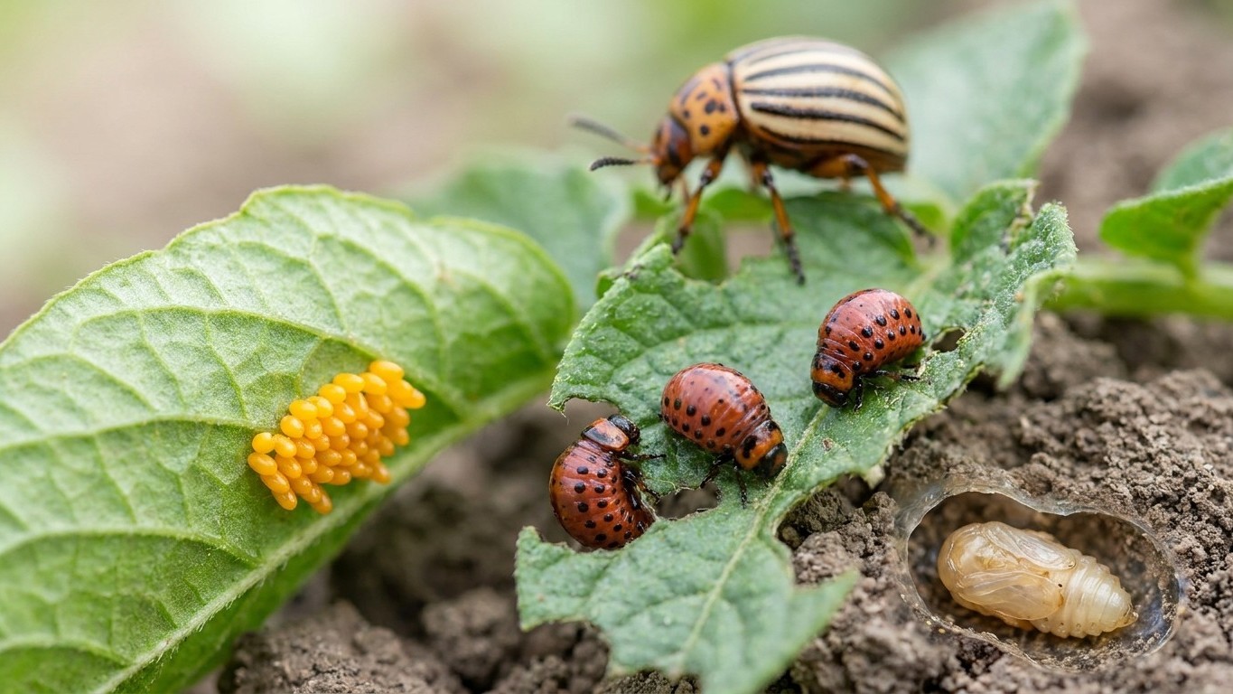 Colorado potato beetles at various life stages including adult, larvae, and pupa on a green potato plant leaf with soil background.