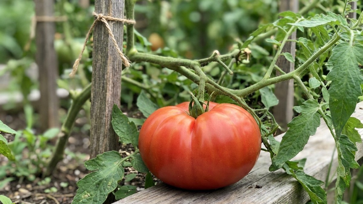 A vibrant red tomato ripens on the vine in a home vegetable garden with wooden stakes and foliage visible in the background.