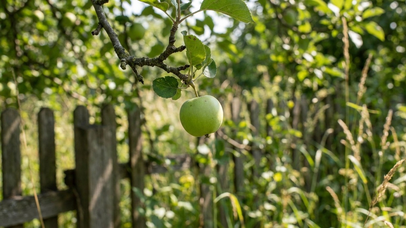 A young green apple grows on a branch in a sunny orchard setting with a rustic wooden fence visible in the background.