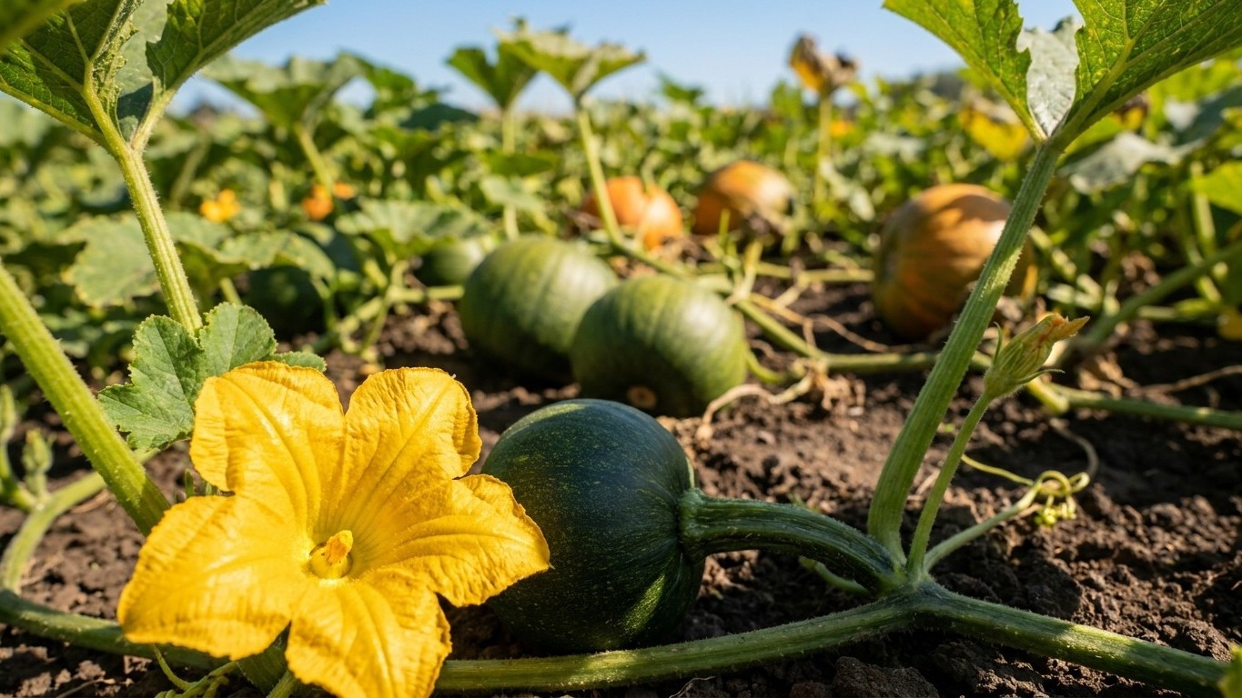 Close-up of blooming squash or melon plants in a garden bed with yellow flowers and immature green fruits visible among the vines.