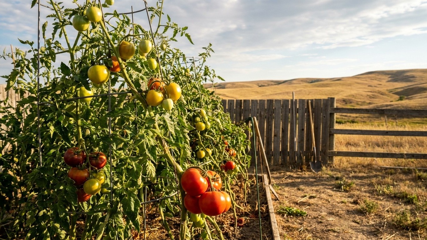 A productive vegetable garden displays ripe red and yellow tomatoes growing on vines with wooden split-rail fencing and arid rolling hills in the background.