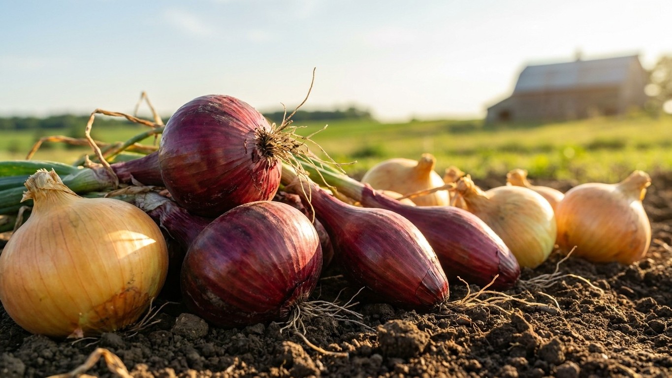 Freshly harvested red and yellow onions arranged on dark soil in a cultivated field with a barn visible in the background.