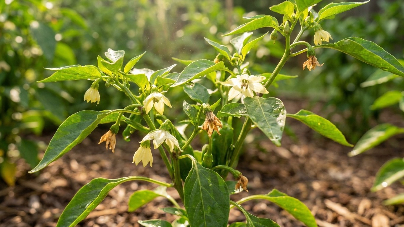 A pepper plant showing signs of stress with yellowing, drooping flowers and discolored foliage in a garden bed.