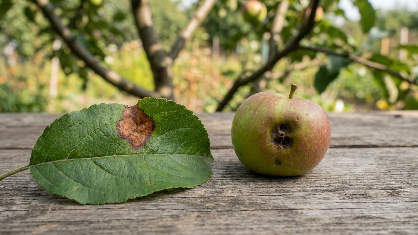 An apple leaf showing brown fungal disease damage and a whole apple fruit displayed on weathered wood with orchard trees in the background.