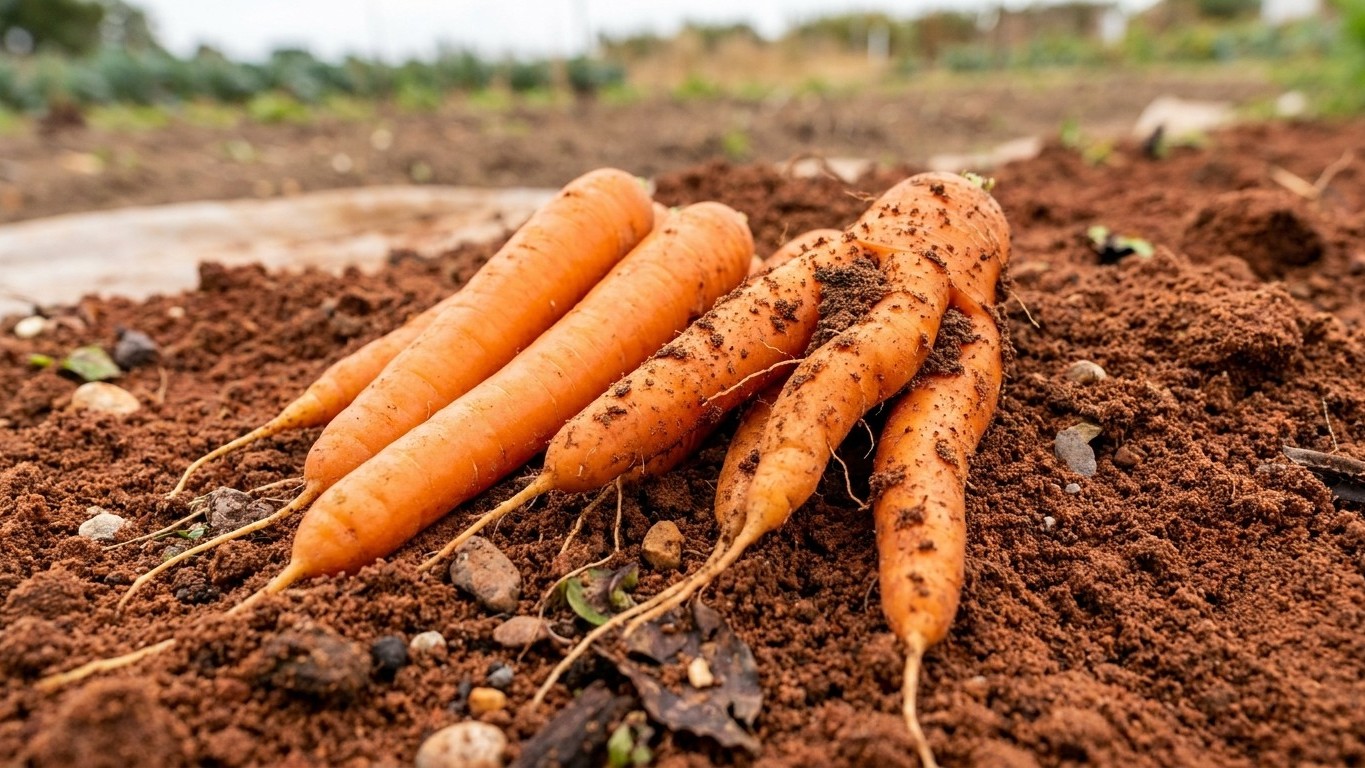 Freshly harvested orange and muddy carrots displayed on dark garden soil with field rows visible in the background.