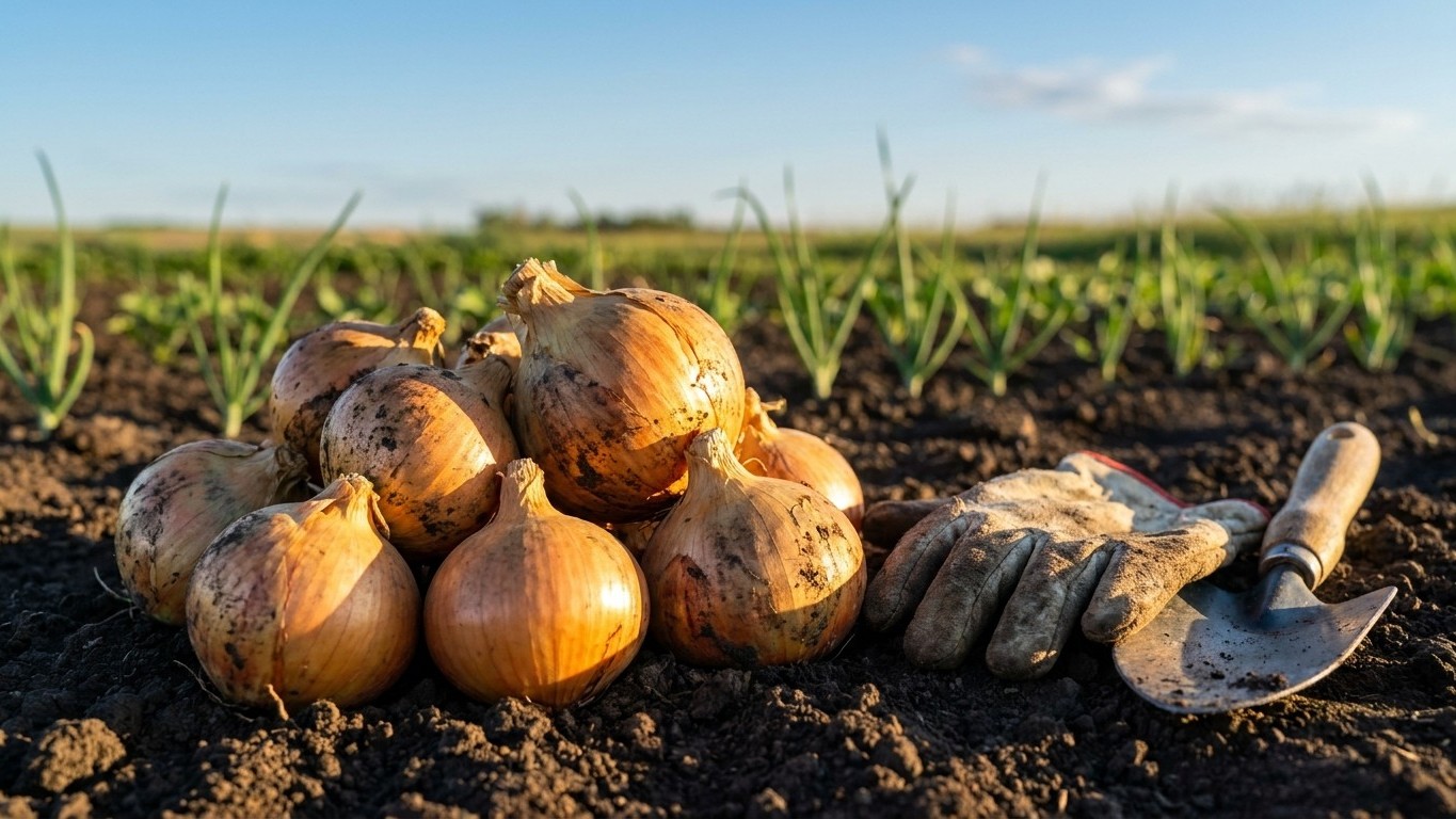 Fresh harvested onions lie on dark soil with a hand trowel and a vegetable field visible in the background.