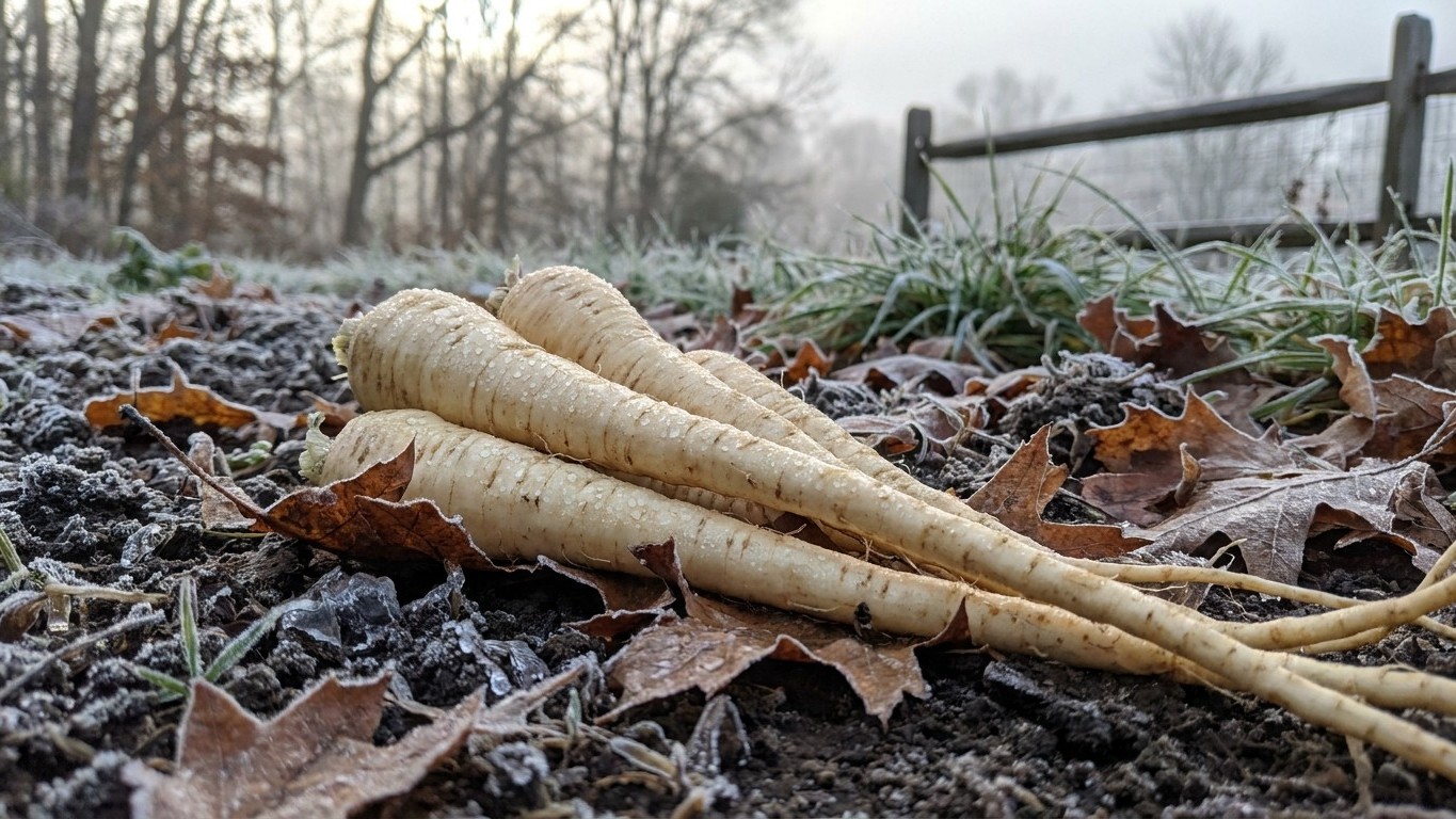Three pale parsnips rest on frost-covered soil with dried leaves and a weathered wooden fence in the background.
